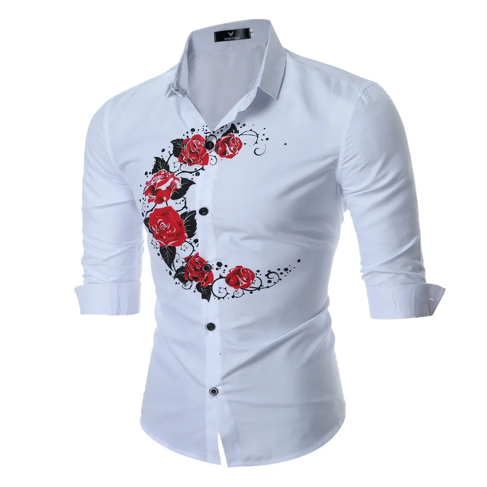 Новое поступление 2108 модные мужские рубашки с длинным рукавом и принтом розы