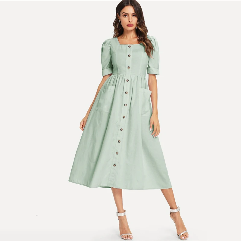 Dotfashion/платье с пышными рукавами и карманами на пуговицах, женская одежда, повседневное летнее платье-рубашка с квадратным вырезом и высокой талией