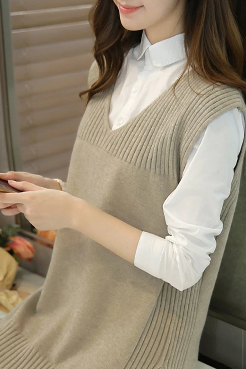 Вязаная жилетка с Для женщин трикотажные жилеты V образным вырезом подстежка на
