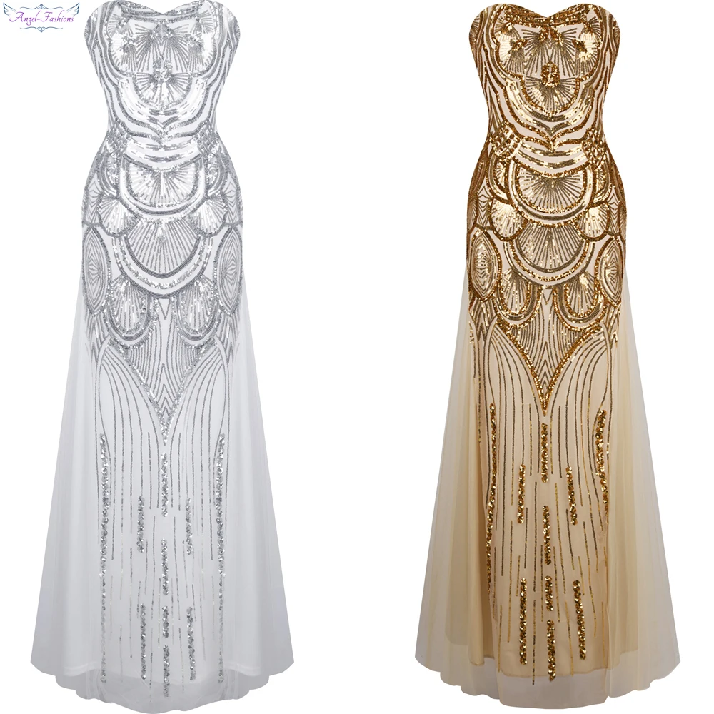 Женское кружевное вечернее платье Angel-Fashions, золотистое или серебристое длинное вечернее кружевное платье с открытыми плечами без бретелек, расшитое блестками, модель 186