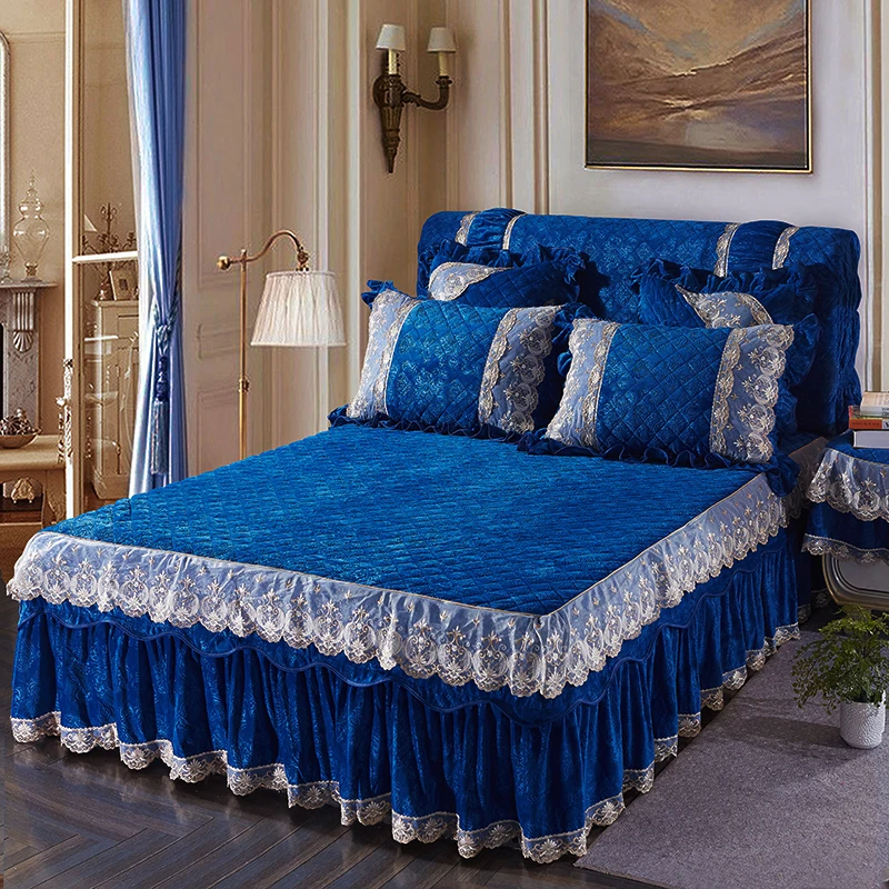 

Thick fleece Warm Bed spread Bedskirt king/queen size Bedding set Pink Blue Purple Lace Bedsheets Bed cover juego ropa de cama