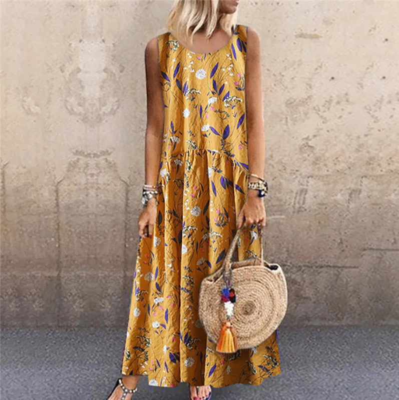 Летнее женское длинное богемное платье с круглым вырезом и цветочным принтом