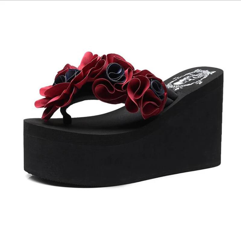 Шлепанцы женские на платформе пляжные сандалии цветочные тапки ручной работы