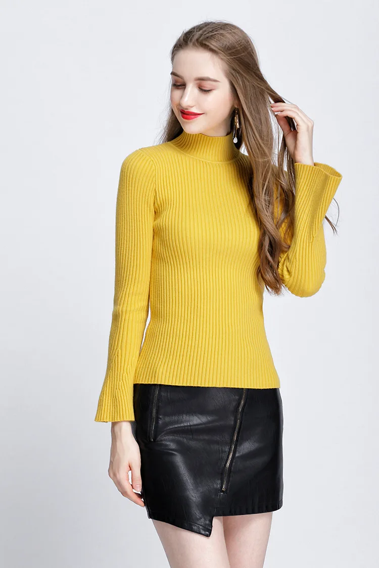 Осень-зима горчично-желтый женские свитера Flare водолазка с длинными рукавами