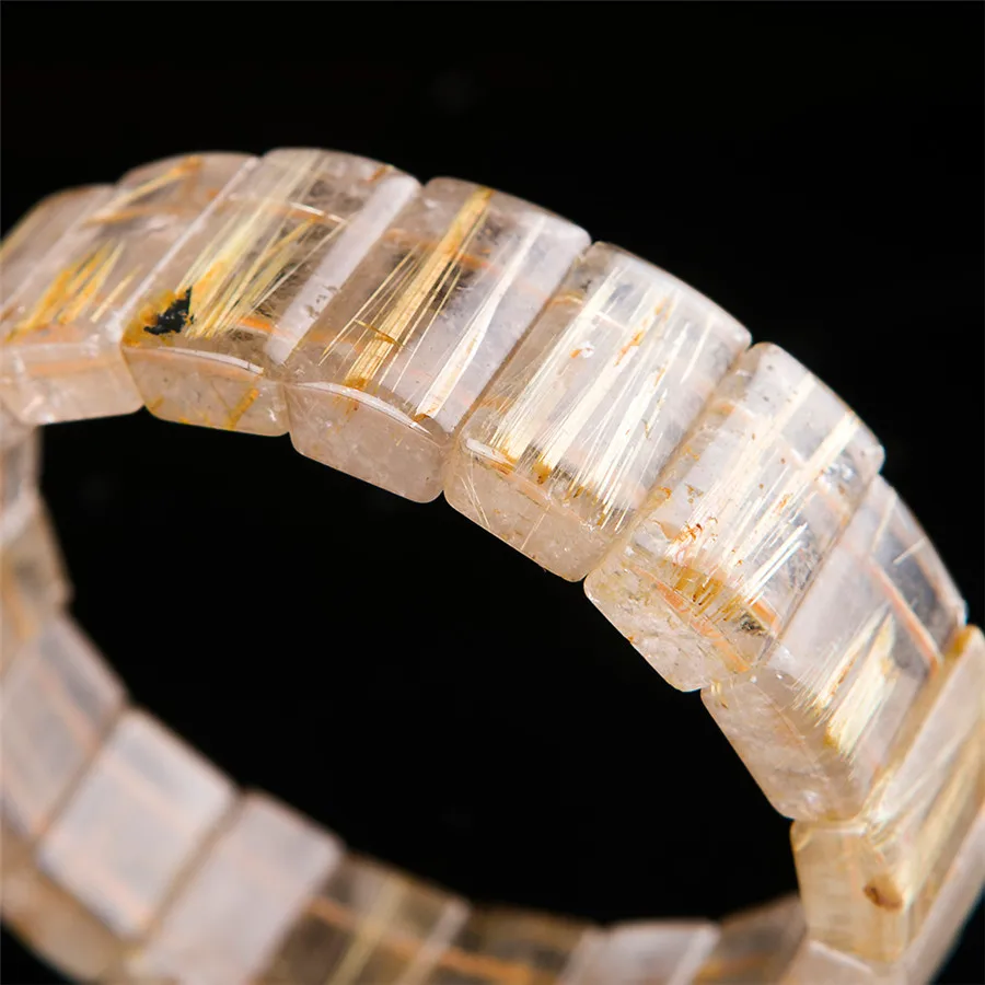 Genuine Natural Golden Rutilated Quartz Crystal Rectangle Beads Fashion Power Stretch Charm Bracelet 17*7mm | Украшения и