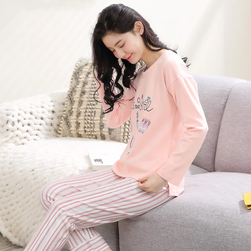 

Women spring and autumn 2019 cotton long sleeve pajamas cute ladies new two piece student sweet pajama sets women pajamas set