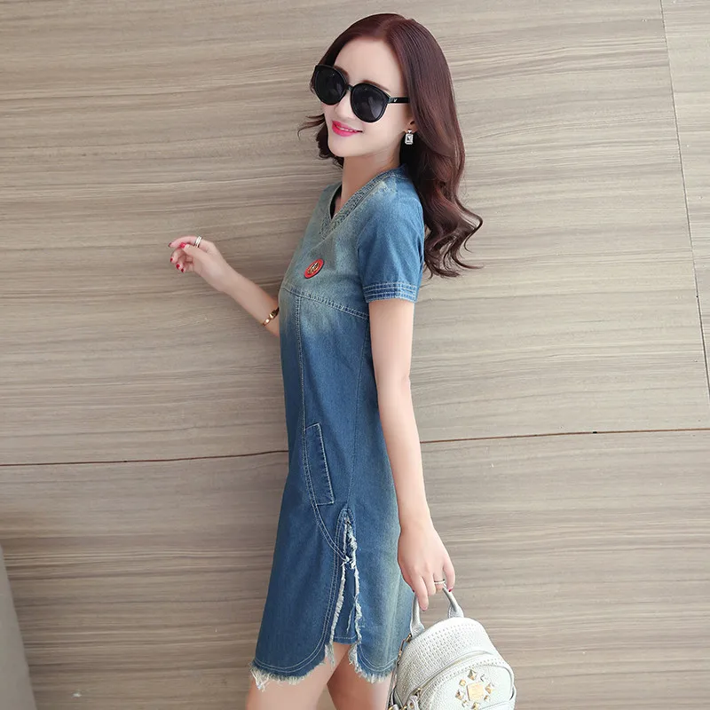 Женское джинсовое платье с коротким рукавом Длинное свободное облегающее