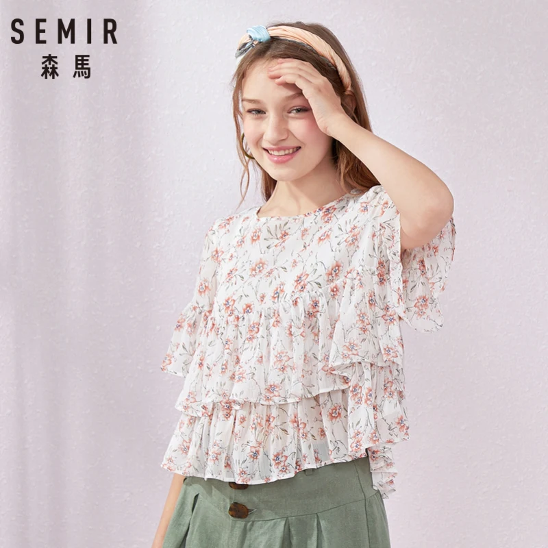 Женская блузка с коротким рукавом SEMIR короткая шифоновая круглым вырезом и