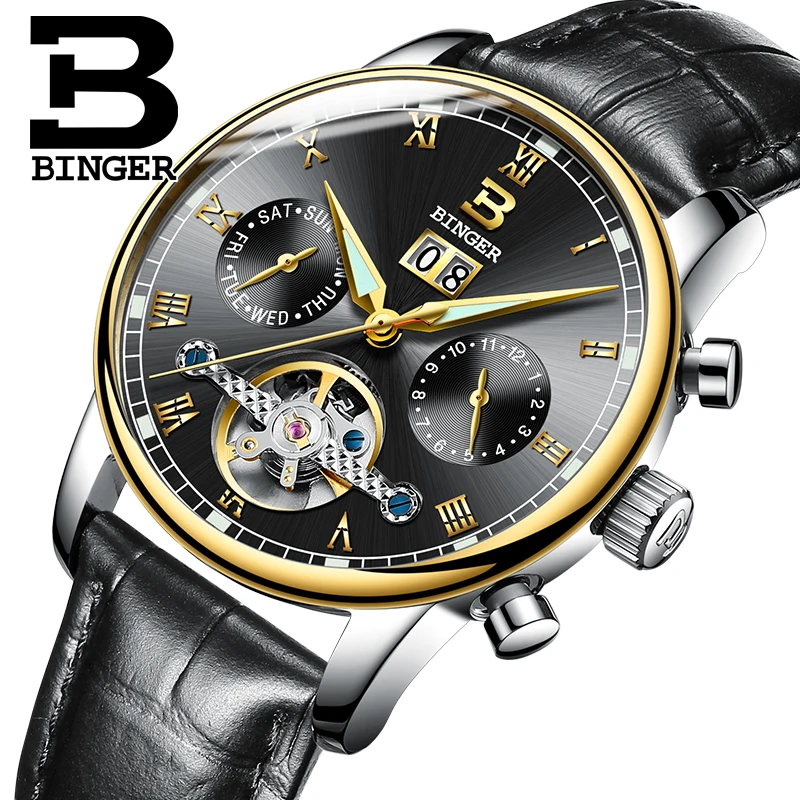 Швейцарские мужские часы BINGER люксовый бренд Tourbillon fulll водонепроницаемые