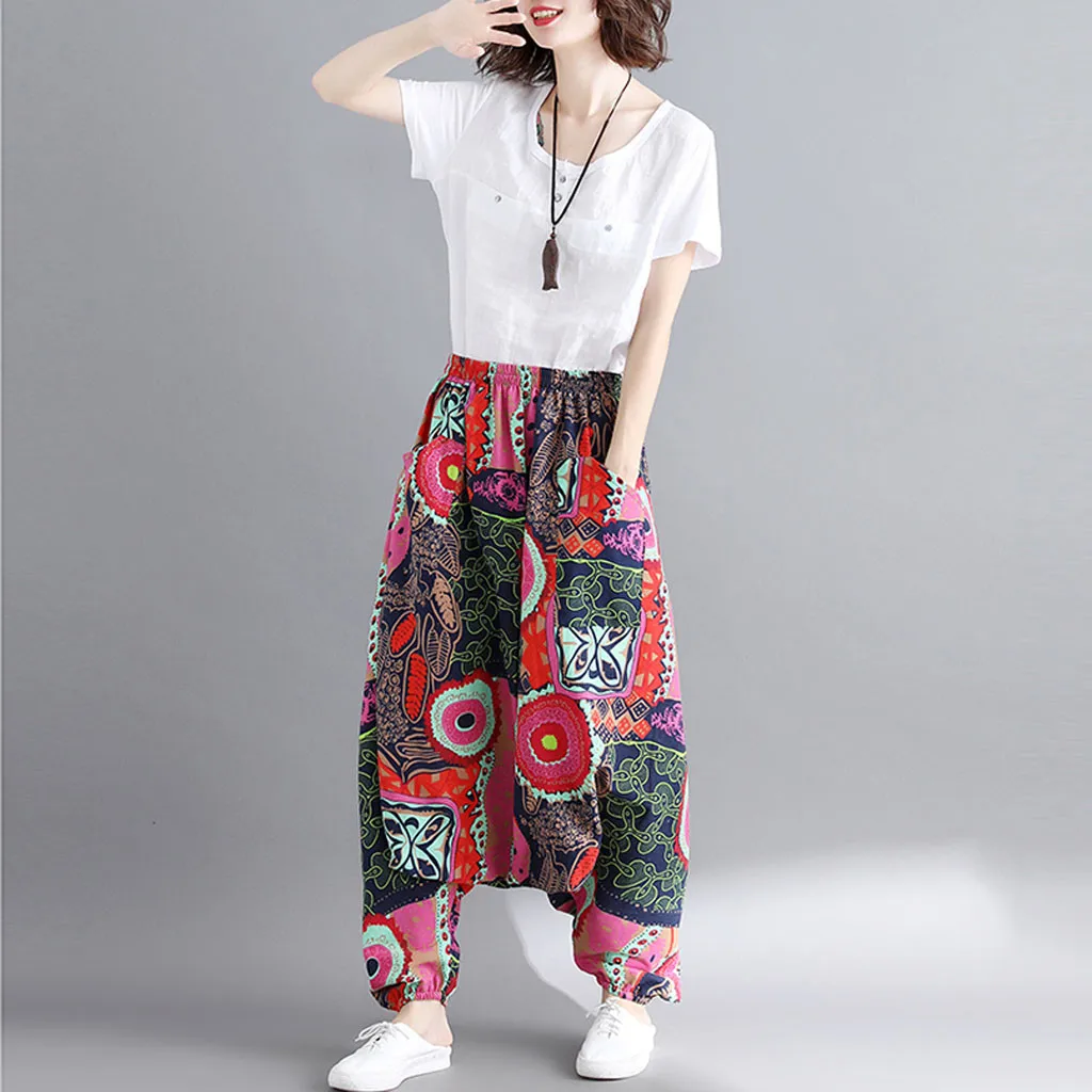 Womail, женские брюки, летняя мода, Boho, хиппи, для девушек, с принтом, свободные штаны, мешковатые брюки, высокая талия, длинные штаны, пляжные,, M531