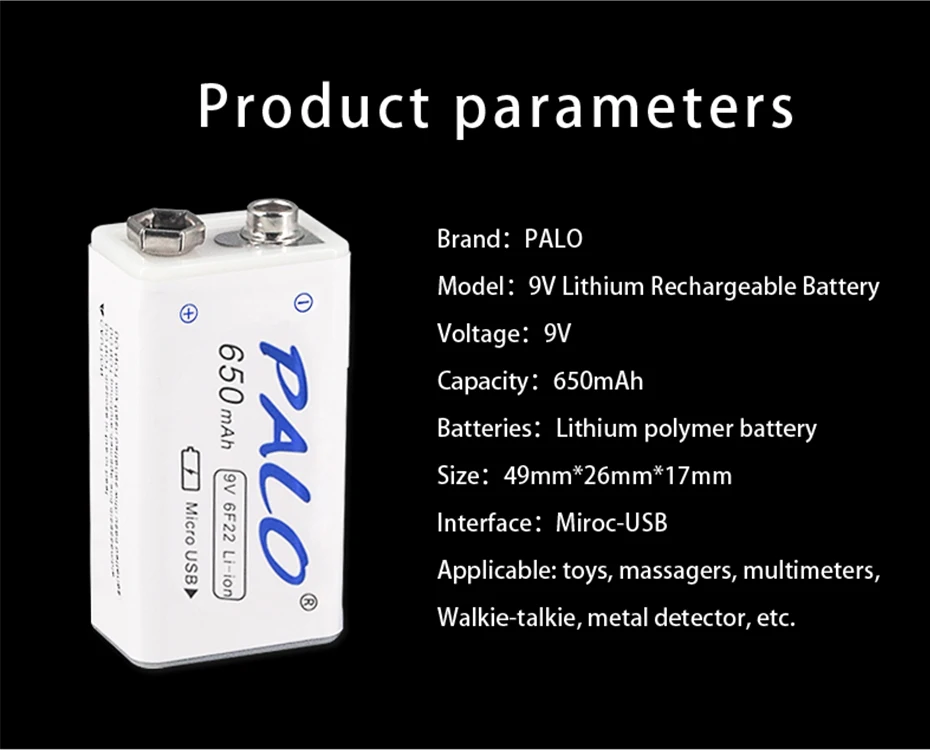 PALO 6F22 литиевая перезаряжаемая батарея 650mAh Li-Ion 9 v для мультиметра микрофона игрушки дистанционного управления KTV использования