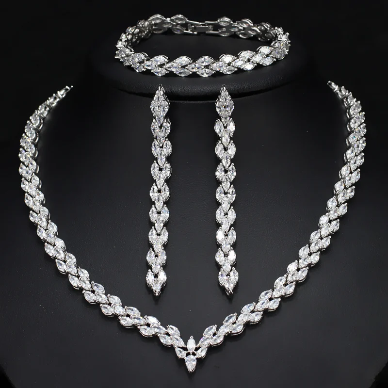 CWWZircons 3 предмета Royal Blue Цирконий женские Костюм на свадьбу и праздник Jewelry Цепочки и ожерелья Серьги Браслет для невесты T038