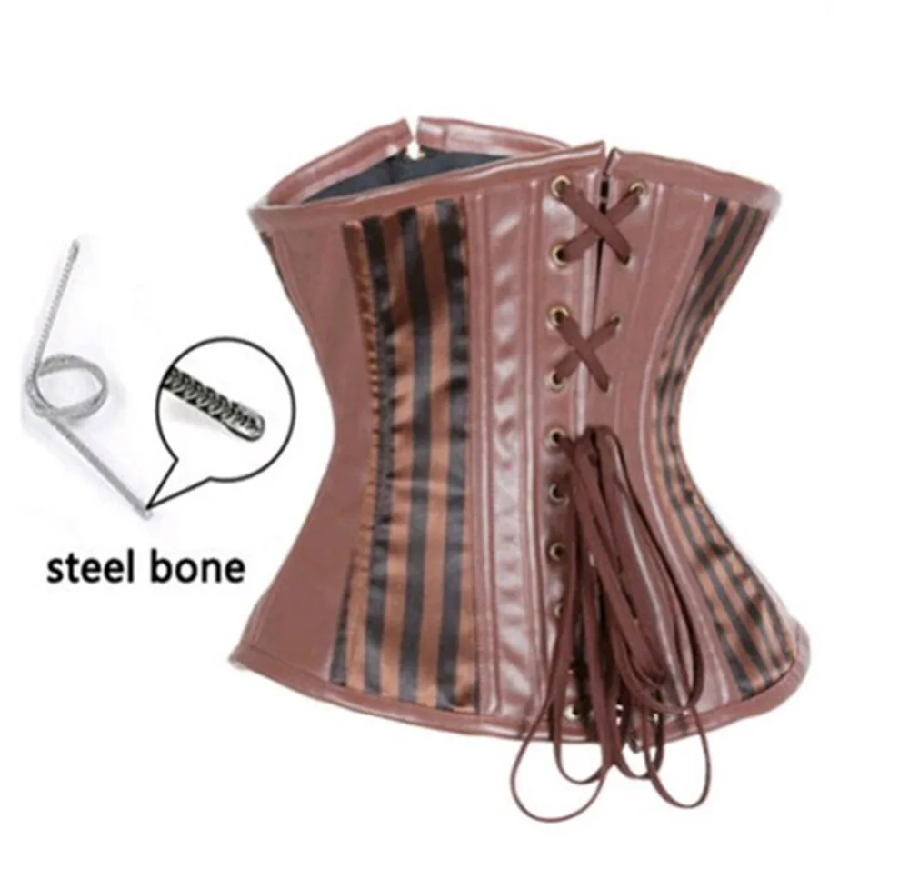 

Brown Striped Zipper Steampunk Satin&Leather Underbust Corset Clubwear Push Up Waist cincher Bustier S-2XL