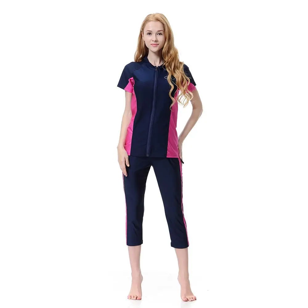 Navy blue Пляжный Мусульманский купальник солнцезащитный исламский женский купальник лоскутный полный Чехол короткий рукав скромный Мусульманский купальник с шапкой B1005 - Цвет: Navy blue