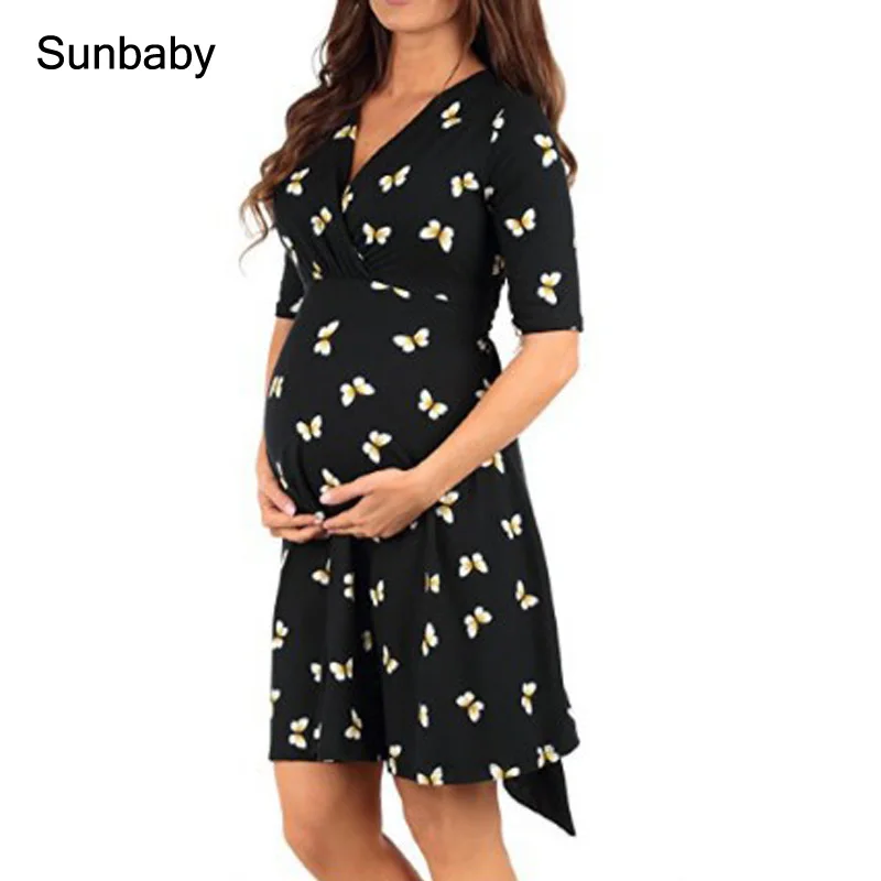 

Sunbaby maternity dresses An a-line with sleeves in A printed derss pregnant Q0322