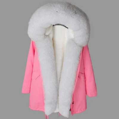 OFTBUY, пальто с натуральным мехом, зимняя куртка, Женская длинная парка, Воротник из натурального Лисьего меха, капюшон, подкладка из искусственного меха, Свободное пальто, ins, модная новинка - Цвет: pink coat white fur