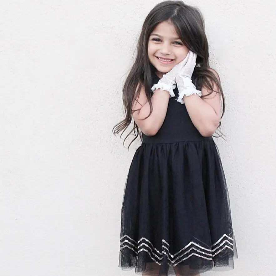 2018 new sweet kid tulle tutu dress Lace Kids Baby Girls sequins black Dresses Princess Dress Sundress Party Pageant | Детская одежда и