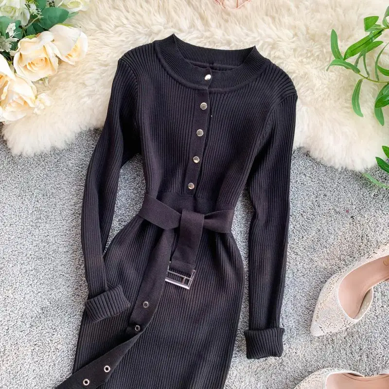 Женское трикотажное платье ALPHALMODA однобортное с длинным рукавом и поясом