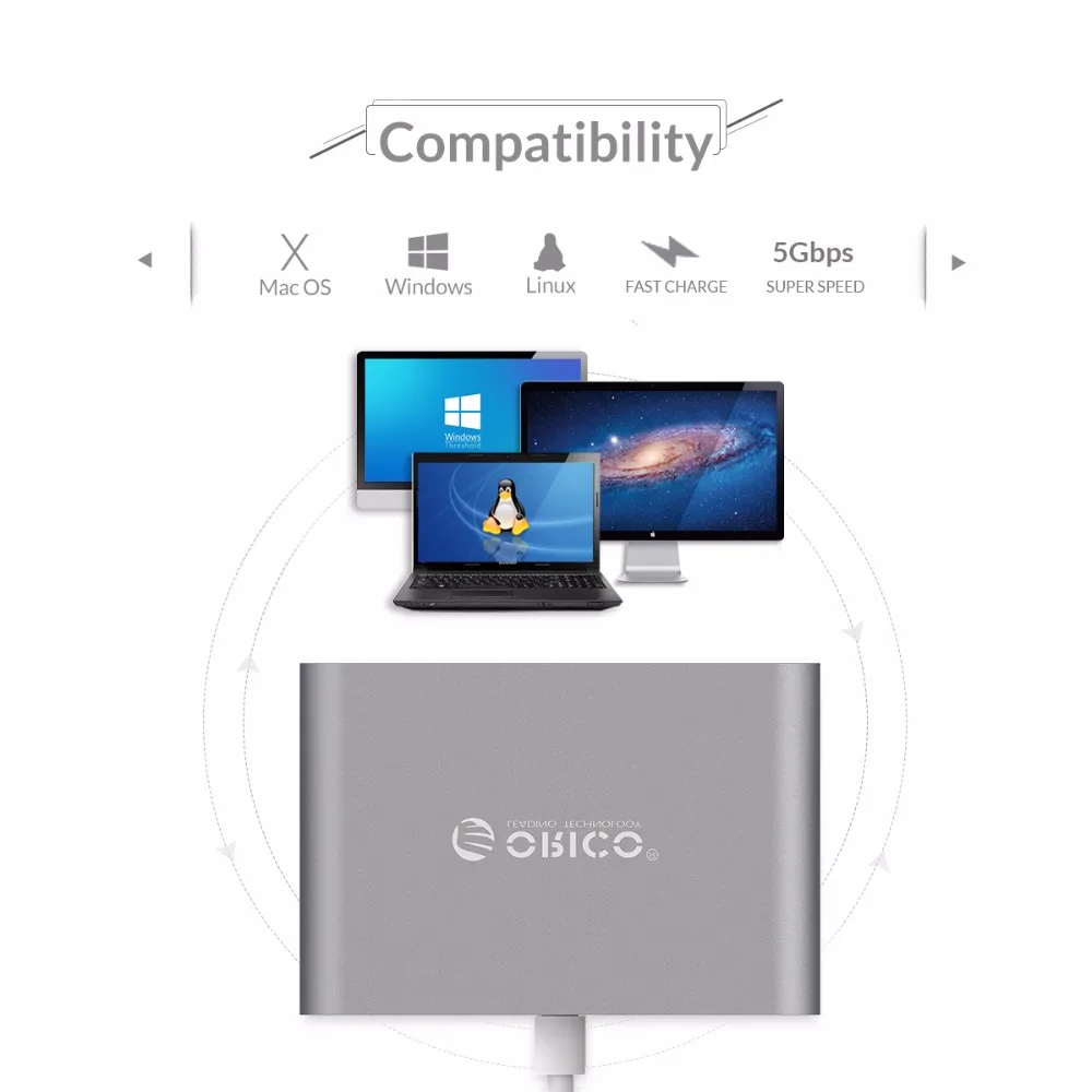 Алюминиевый Концентратор ORICO Type C к A / C/HDMI совместимый конвертер Поддержка PD