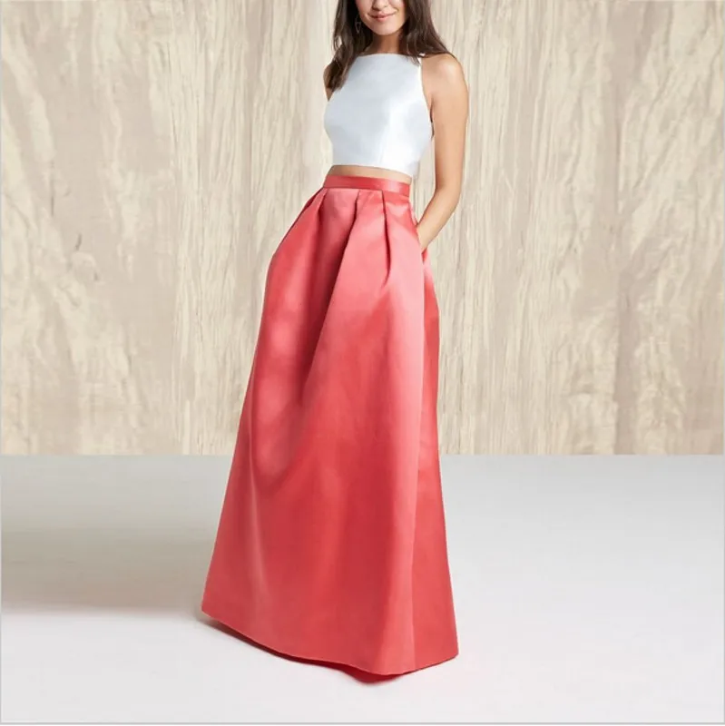 Шикарная модная красная элегантная длинная юбка из тафты стильная в пол на