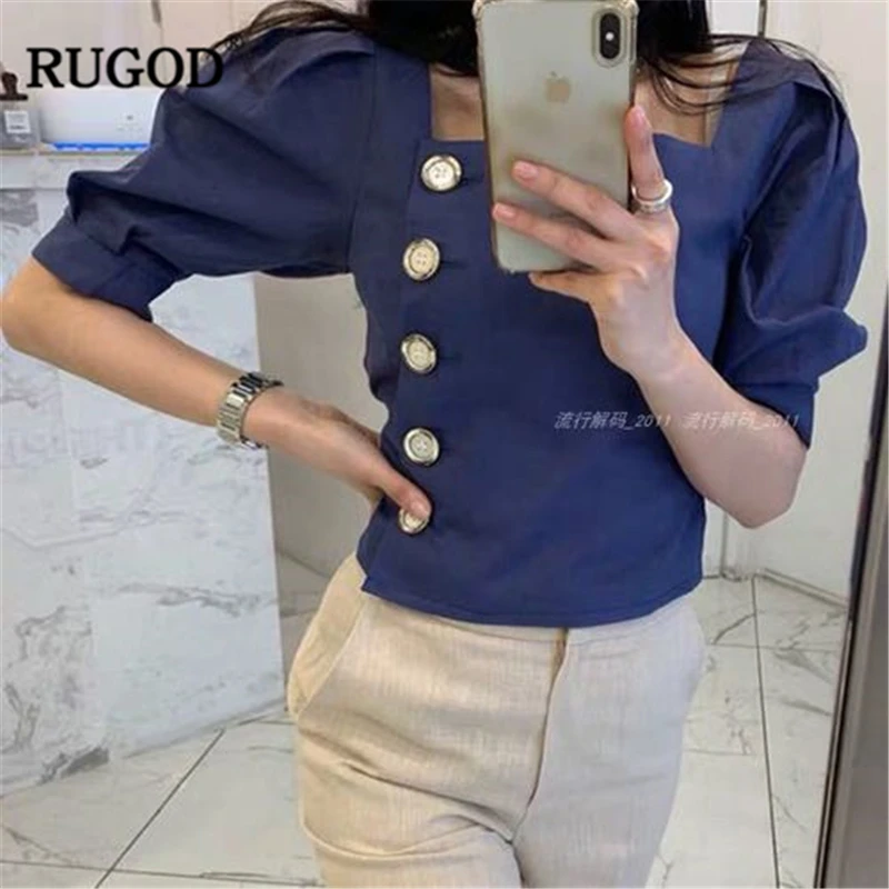 RUGOD New Arrival Women Solid Slim Shirt Square Collar Half Puff Sleeves Single-breasted Blouse Korean Temperament Tops