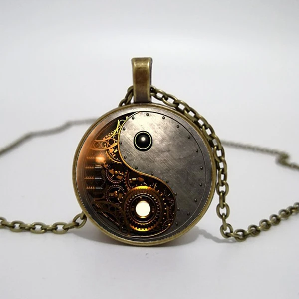 Стимпанк Ying Yang фото Тибет Серебрянные слитки круглый Стекло подвеска на цепочке