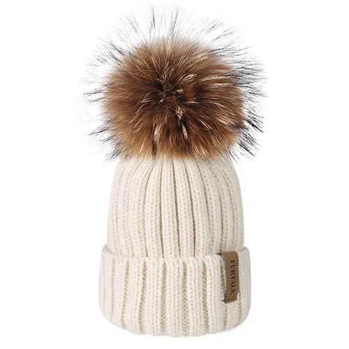 Beige Furtalk Реального Меховая Шапка Вязаная Реальный Большой Енота Pom Pom Hat женщины Зимняя Шапка Унисекс ДетиТеплый Коренастый Толстая Эластичный вязать - Цвет: Beige