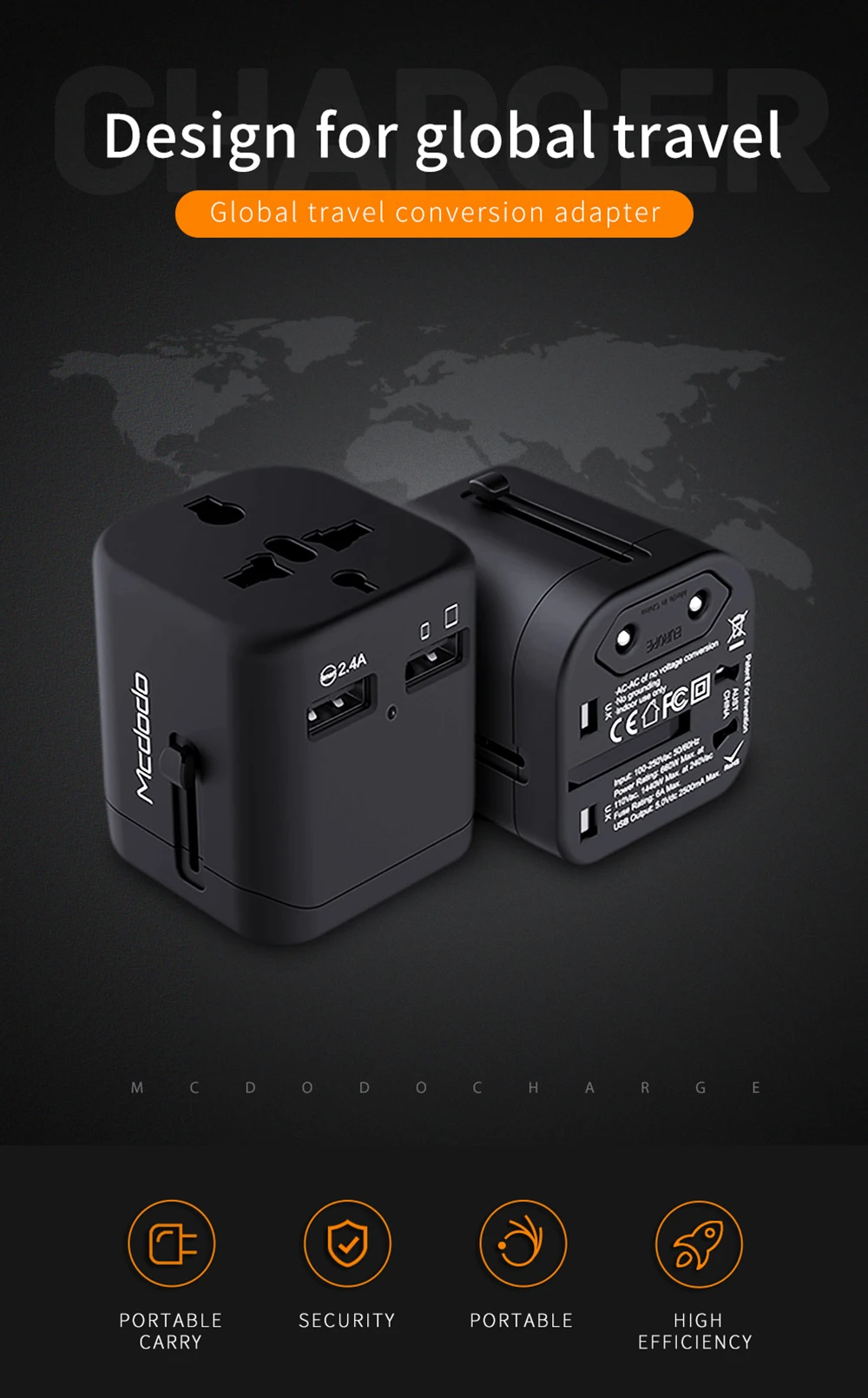 Mcdodo Международный адаптер питания для путешествий с 2.4A двойной USB зарядное устройство и по всему миру AC розетки вилки для Великобритании, США, Австралии, Европы