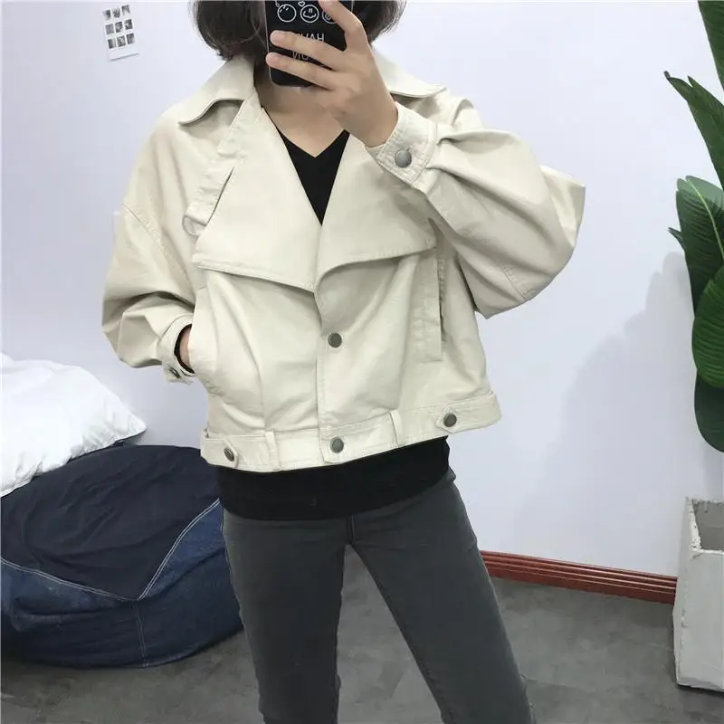 Beige FTLZZ куртка из искусственной кожи женская винтажная свободная уличная байкерская куртка однобортная мотоциклетная кожаная куртка женская короткая верхняя одежда - Цвет: Beige