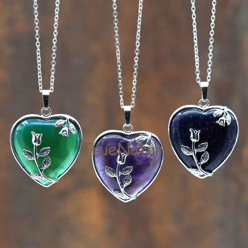 

Long Women Chain Silver Plated Rose Heart Stone Charm Amethysts Agates Goldsand Stone Necklace Jewelry In 18 Inch NM7807