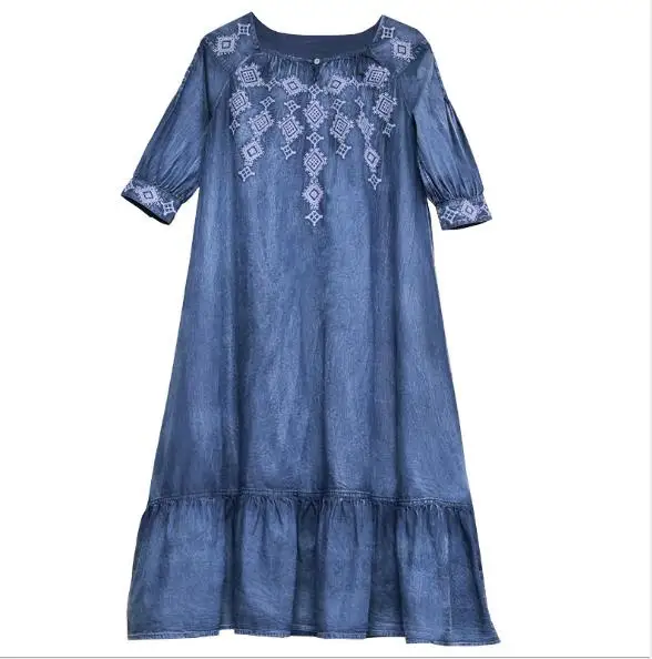 Женское винтажное джинсовое платье с круглым вырезом свободного покроя|Женские