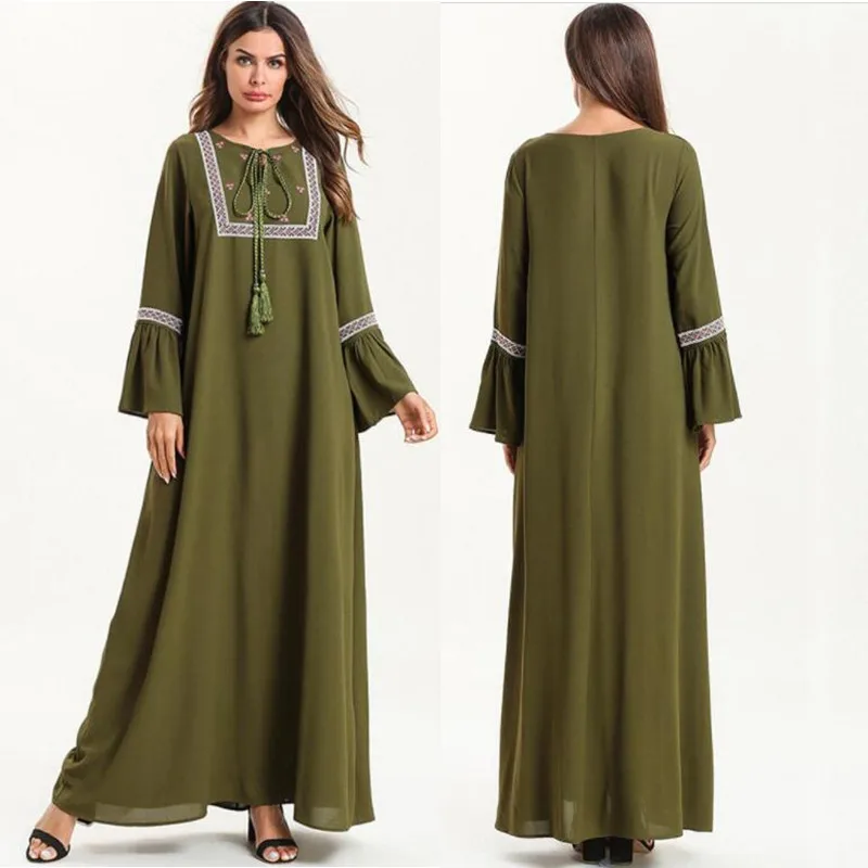 Женское платье с длинным рукавом Abaya хлопковое кафтан о вырезом и принтом в стиле