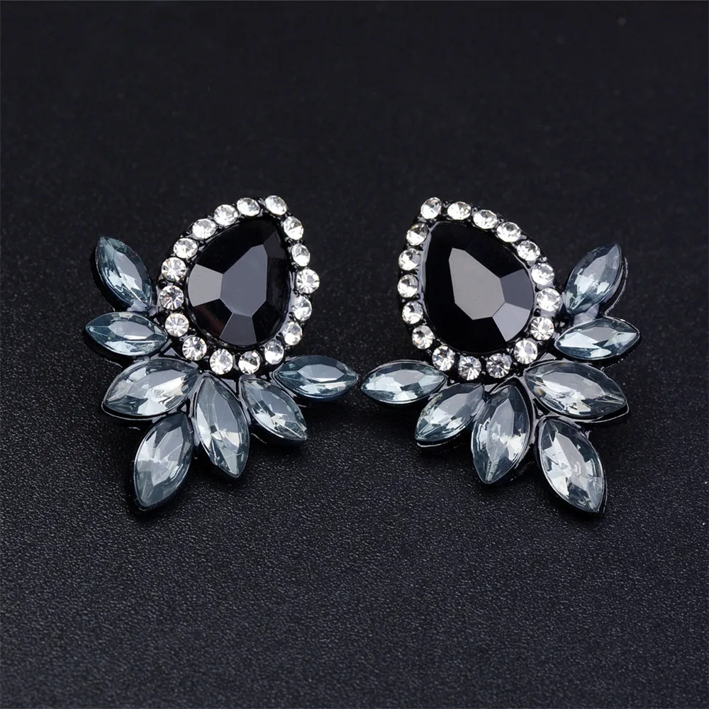 

JUCHAO New Women's Fashion Earrings Rhinestone Gray Glass Black Resin Sweet Metal with Gems Ear Stud Earrings For Girl