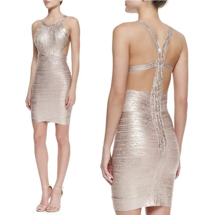 

4 colors High Quality New HL Sleeveless Gold Print Bright Bandage Dress Celebrity Evening Sexy Dress