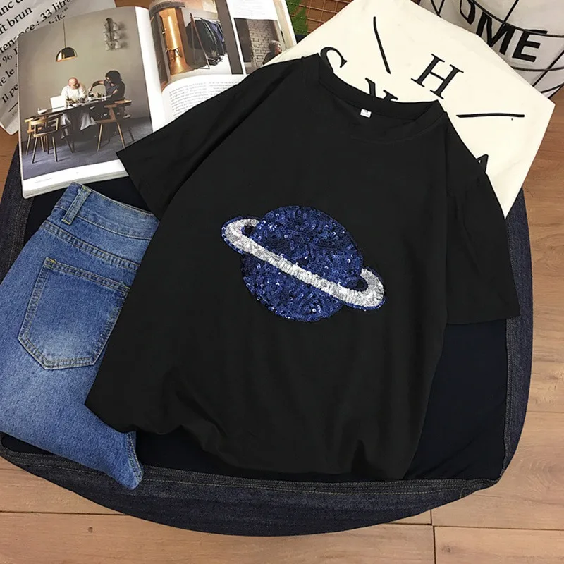 Женская футболка с коротким рукавом B Корейская весенняя о-вырезом расшитая