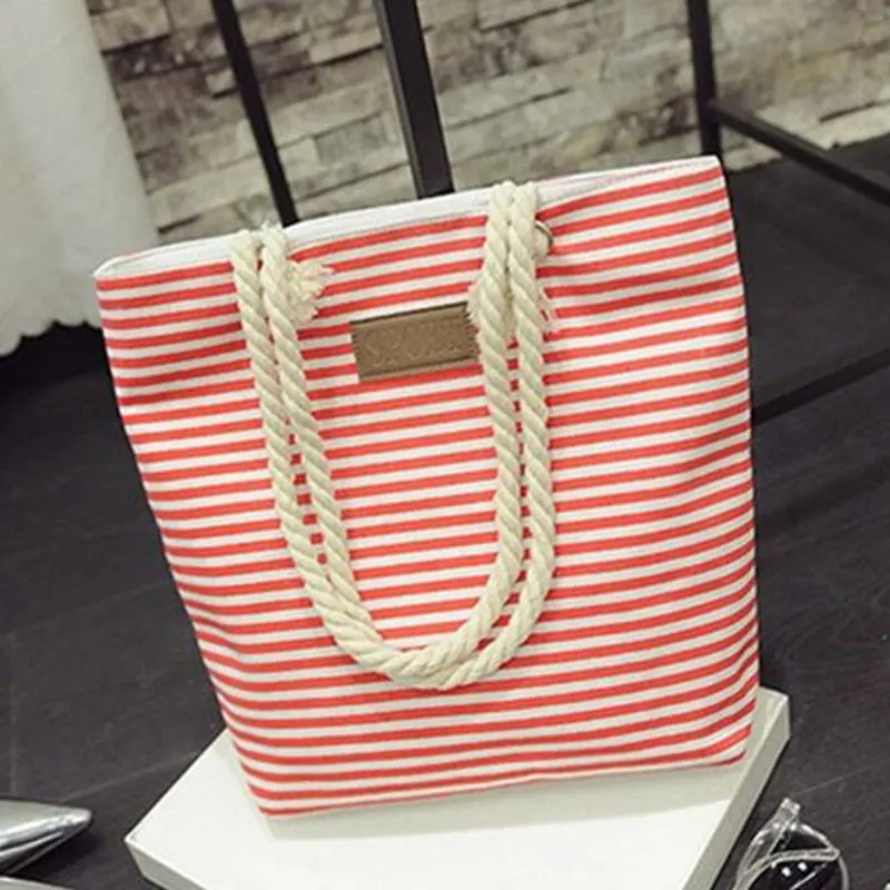 Новый Досуг Холст Shopper Bag Полосатый Печать Пляжные Сумки Tote Женщины Дамы сумка