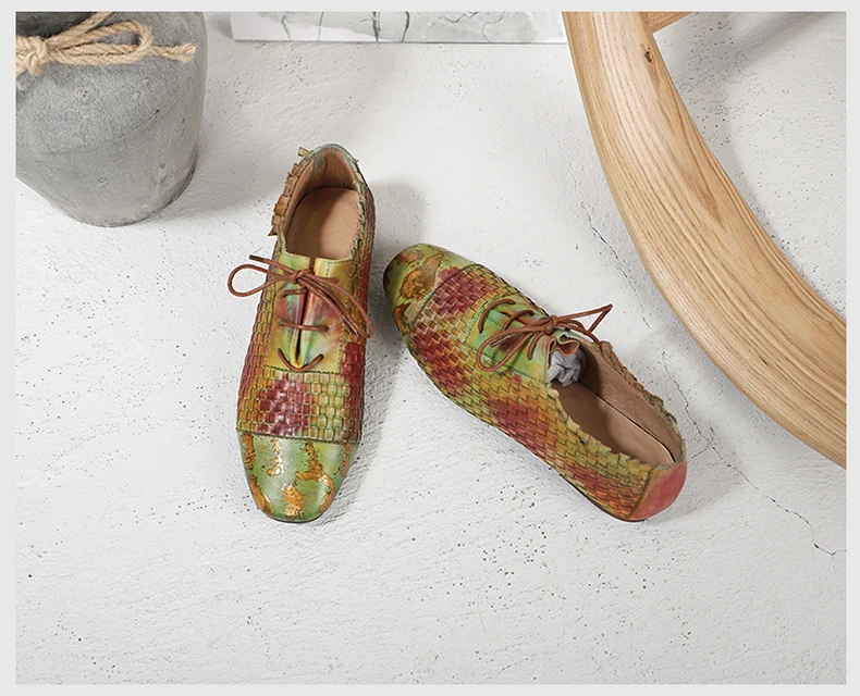 Woven Shoes Woman Latest Design Female Colorful Flat Shoes Hand-Painted Lace-Up Lady Casual Shoes Square Toe Footwear