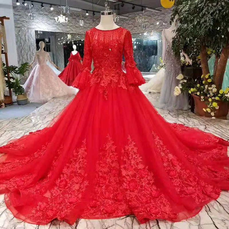 LSS200 Красные Свадебные платья с розами, Круглый воротник длинный рукав, мусульманский свадебное нарядное платье с длинным шлейфом для девочек; актуальный imapes