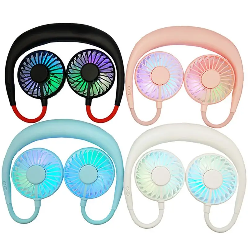 

2019 New Mini Portable LED Light USB Rechargeable Fan Neck Hanging Style Dual Cooling Lazy Fan for Student Home School Use