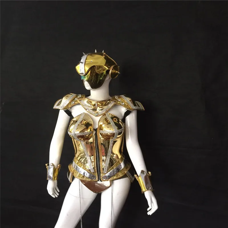

AS81 Gold mirror armor women sexy stage wears costumes singer performance wears outfit dj helmet clothe bar bodysuit party event