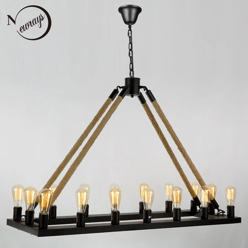 Винтажные люстры E27 в нордическом стиле квадратные черные/железные с пеньковой