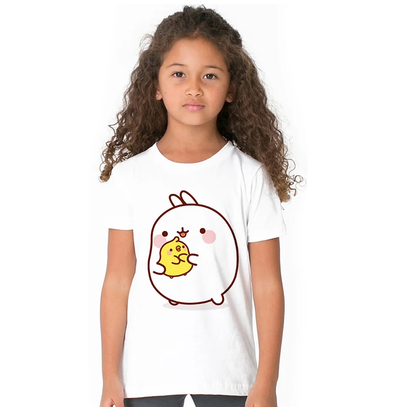 Мультфильм Molang Детская Хлопковая футболка для девочек милый зайчик с круглым вырезом Детские футболки Для детей, на лето короткий рукав