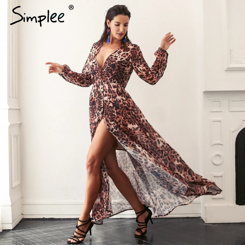 Женское осенне зимнее длинное платье Simplee леопардовое с глубоким V образным
