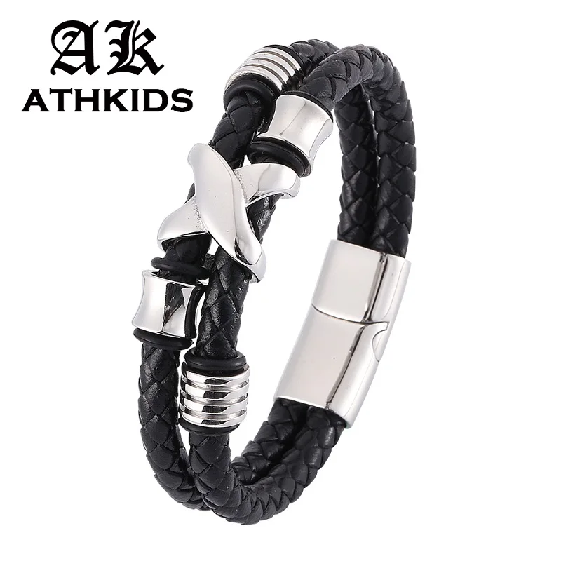 Новый двойной Слои черный кожаный браслет для мужчин нержавеющая сталь бусины