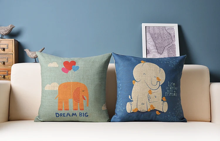 Льняная подушка в скандинавском стиле с изображением слонов|cotton cushion|decorative sofa