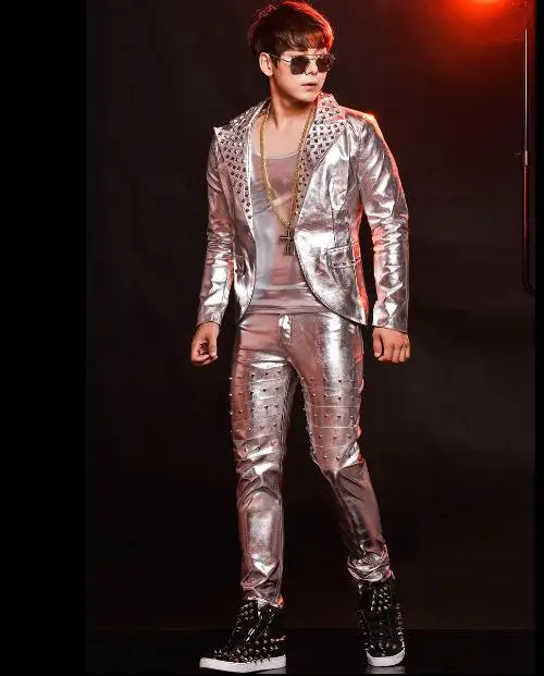 

2018 The new European and American fashion men's men's rivet silver motorcycle leather singer's stage suit S-6XL