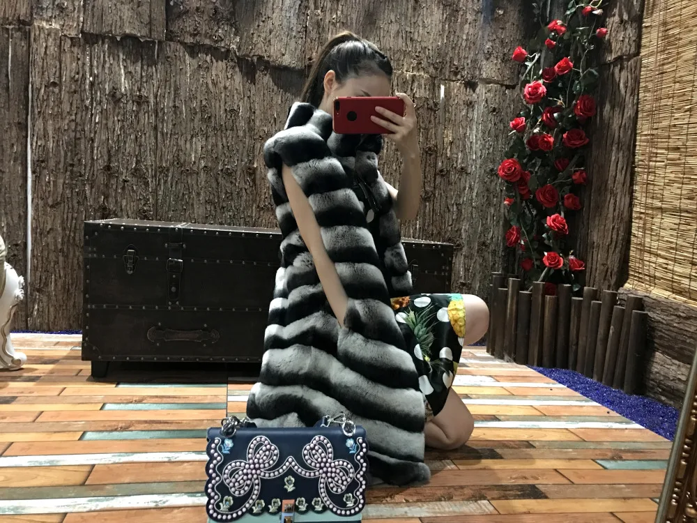 90cm Long Russian Rex Rabbit Fur Vest/Imitation Chinchilla Coat/Grey Diagonal Striped Gilet Coat Outwear Sleeveles/Plus Size | Женская