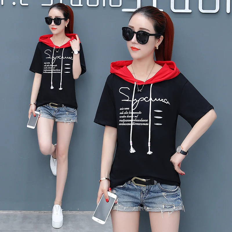 Женская футболка с коротким рукавом удобная толстовка капюшоном и принтом в