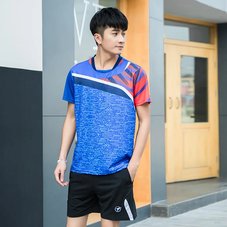 men blue shirt Кофта для бадминтона с коротким рукавом костюм для бадминтона для пар спортивные теннисные шорты юбки Спортивная одежда для игры в настольный теннис, футболка - Цвет: men blue shirt