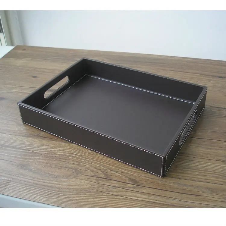 

Fashion Rectangle Brown Synthetic Leather Serving Tray Trays Bandejas For Tableware Food Fruit Snacks Storage Wooden Tray